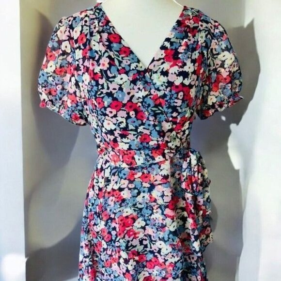 Tahari Womens Navy Vneck Short Sleeve Tiered Multicolor Surplice Dress NEW 2 - Picture 8 of 13